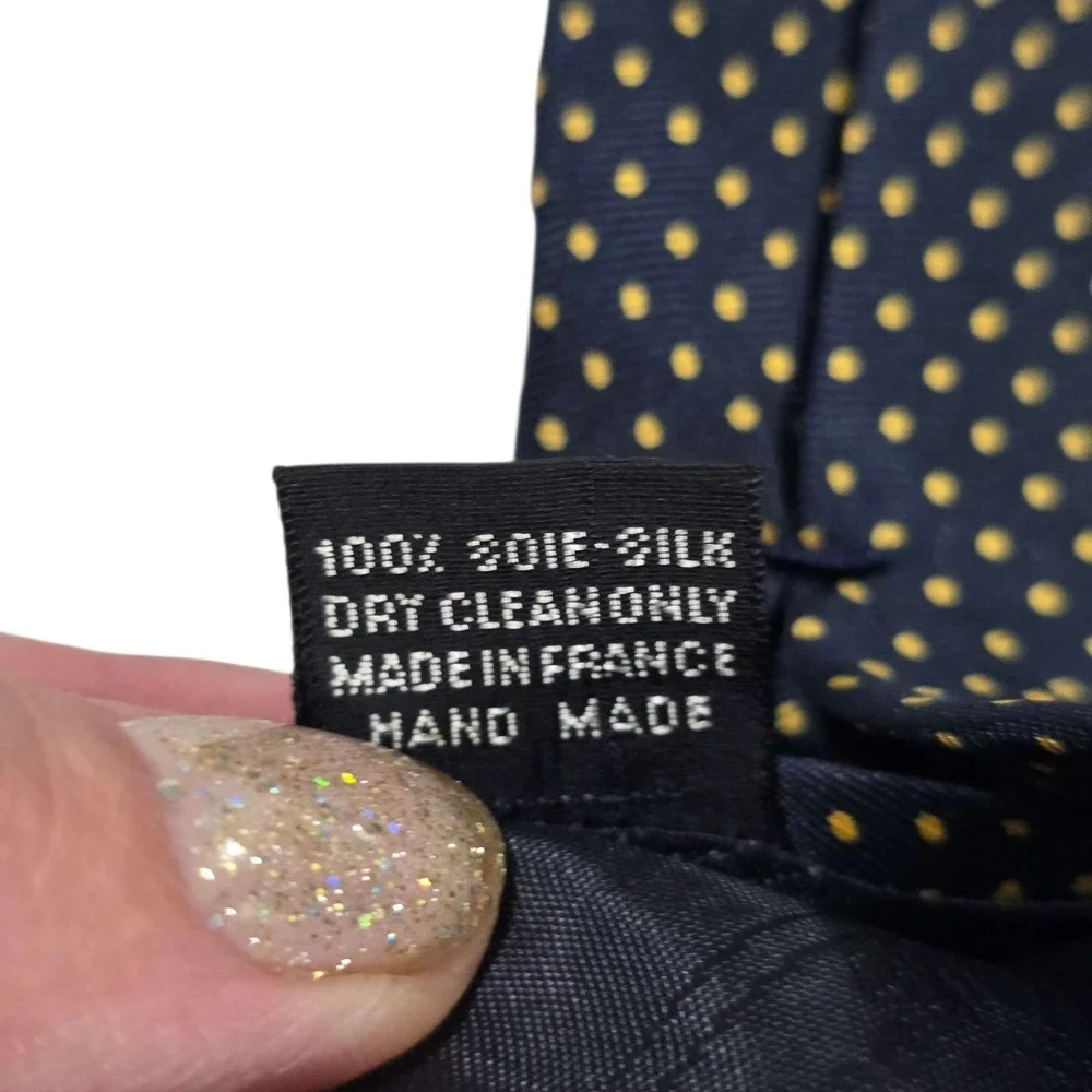 Faconnable Silk Polka Dot Necktie Navy‎ Blue Yellow Handmade Made in France